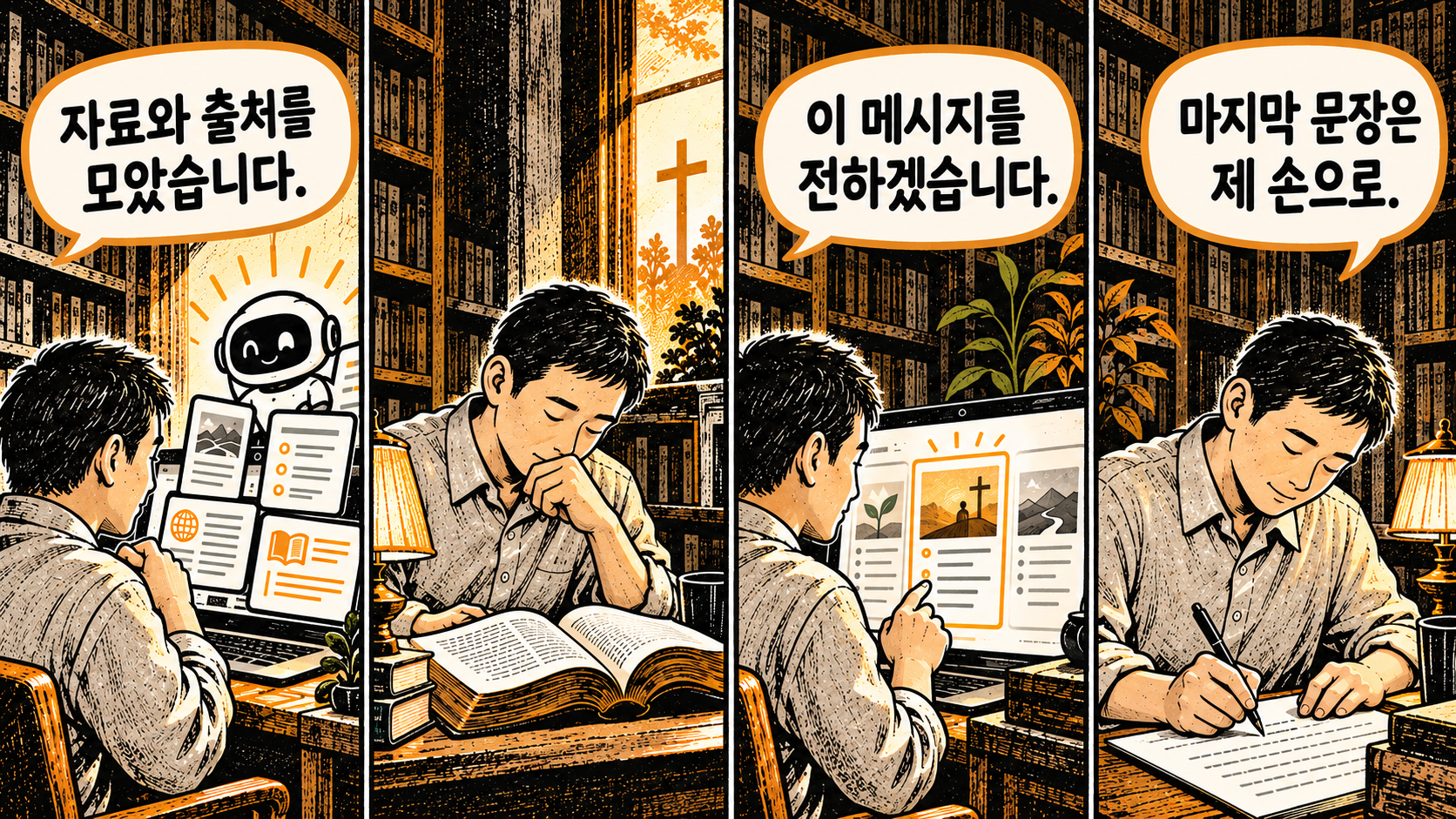 자료 준비는 함께하되, 묵상과 말씀의 방향은 설교자가 붙듭니다.