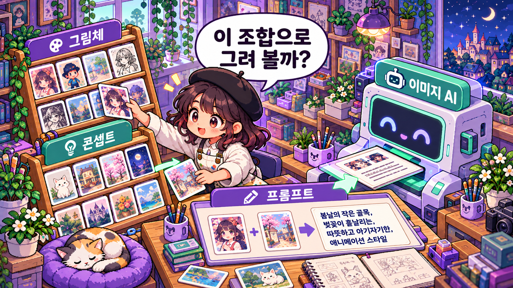 그림체와 콘셉트를 조합한 프롬프트를 이미지 생성 AI에 전달합니다.
