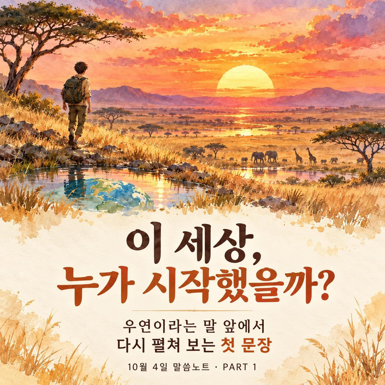 같은 주제를 따뜻한 수채화 + 사바나 조합으로 표현한 샘플