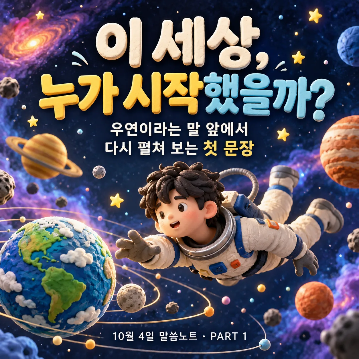 같은 주제를 클레이 아트 + 우주 무중력 조합으로 표현한 샘플