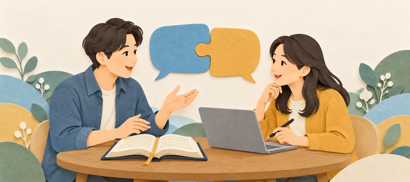 AI 대화와 말씀 연구를 함께 연습하는 사역자들의 페이퍼 아트