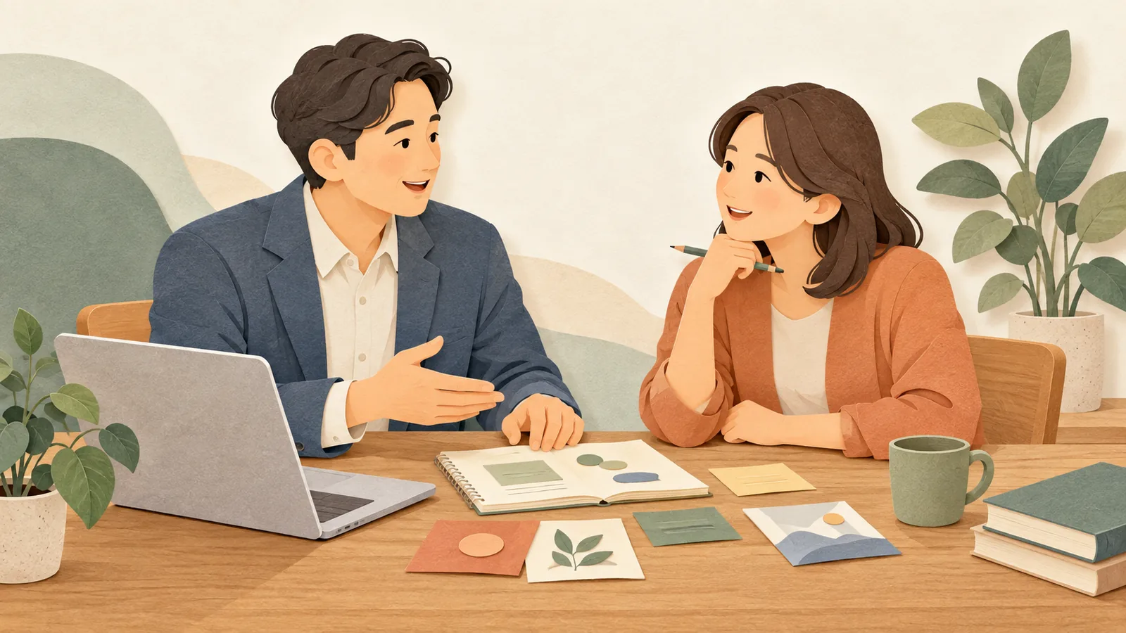 노트북과 메모를 펼쳐 놓고 사역 아이디어를 함께 정리하는 두 사람의 상담 장면