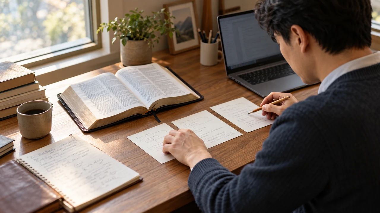 성경과 연구 자료를 살피며 직접 설교 개요를 정리하는 목회자