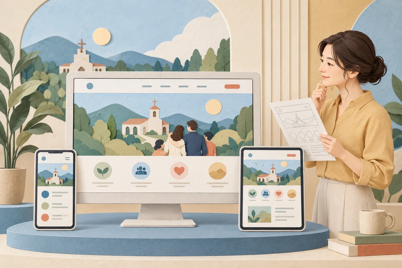 여성 제작자가 완성된 홈페이지와 모바일 화면을 확인하는 장면을 표현한 페이퍼 아트