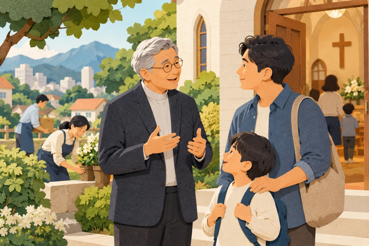 노년 남성 목회자가 가족의 이야기를 듣고 사역에 집중하는 장면을 표현한 페이퍼 아트